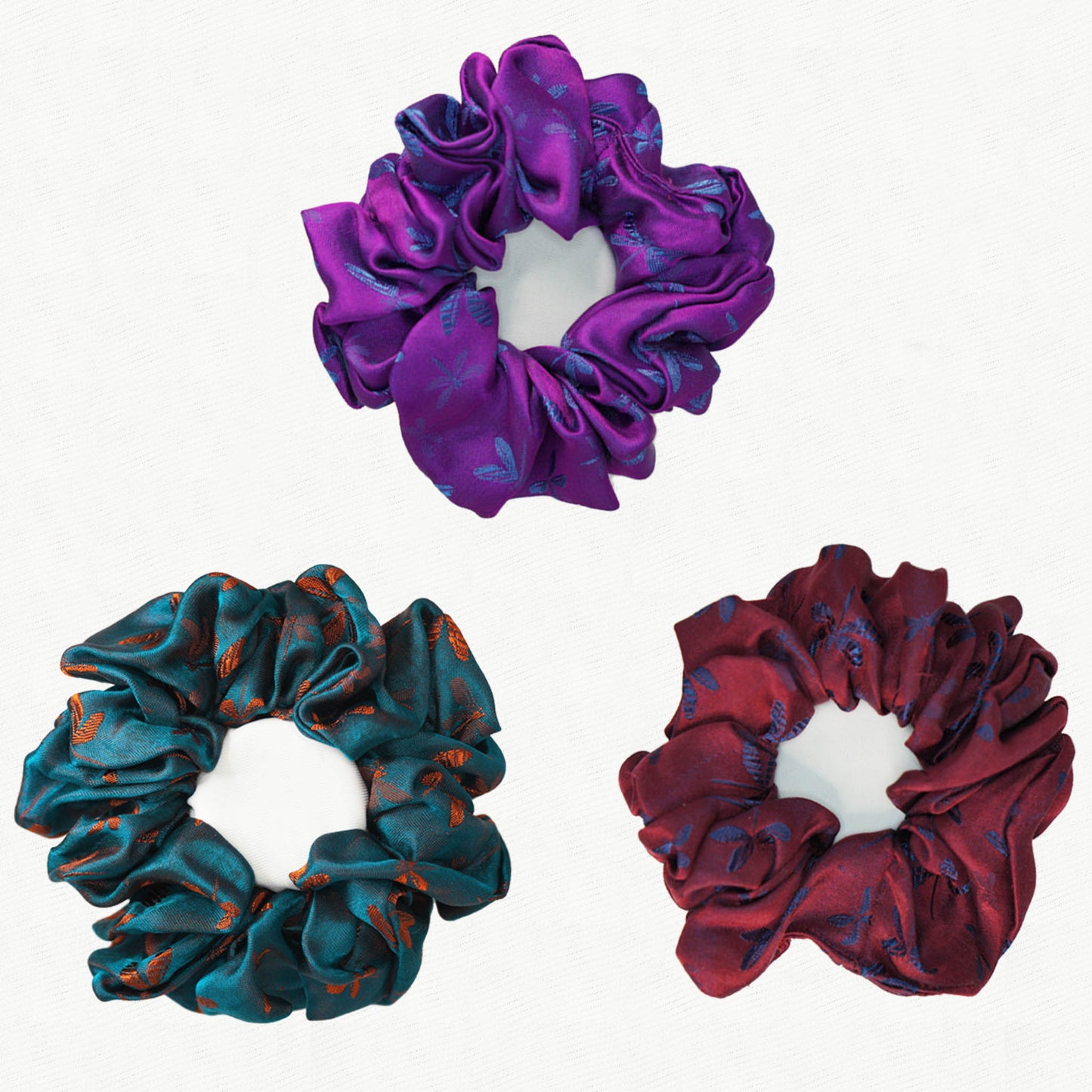 Set of three dark dragonflies silk jacquard scrunchies by Silk & Bears