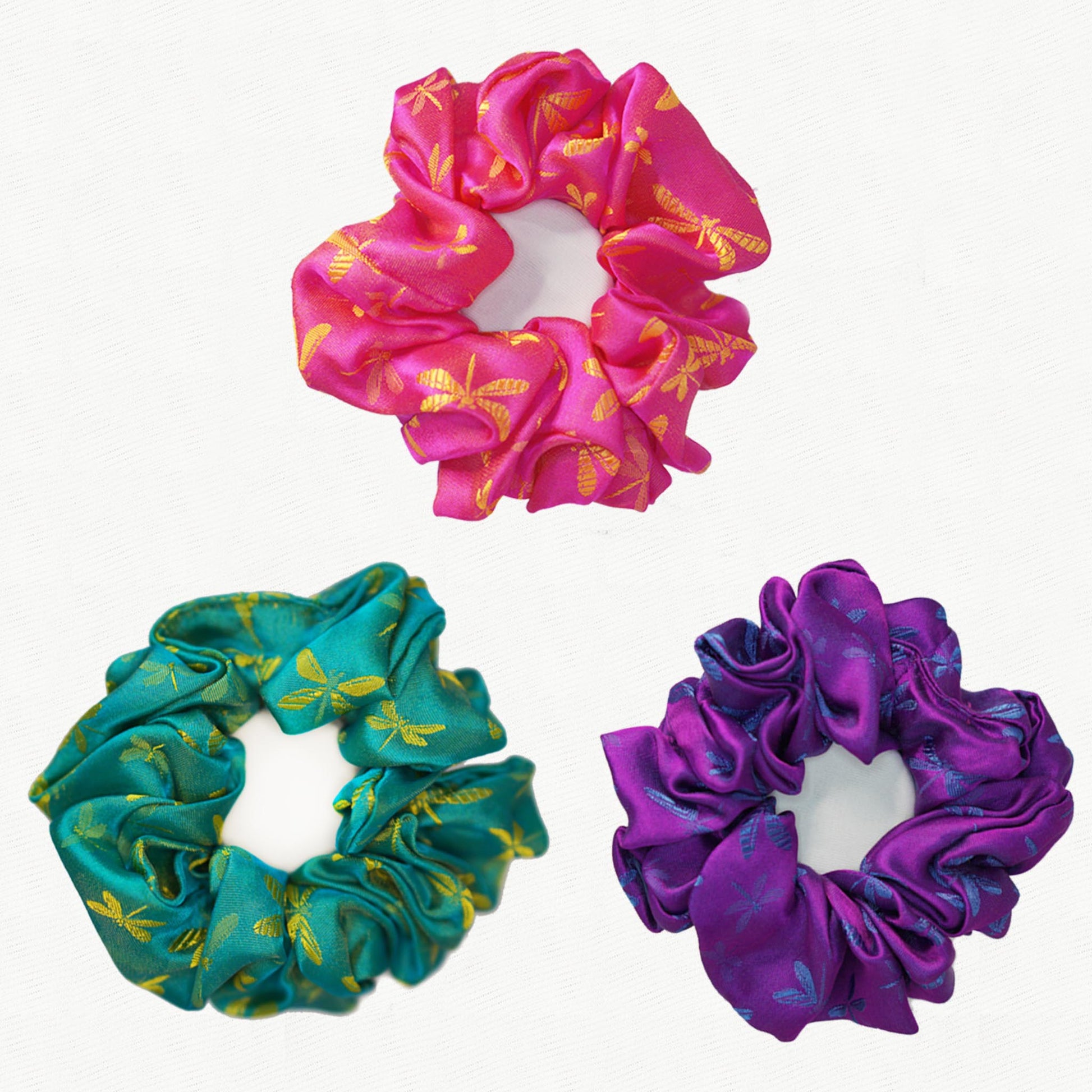 Set of three light dragonflies silk jacquard scrunchies by Silk & Bears