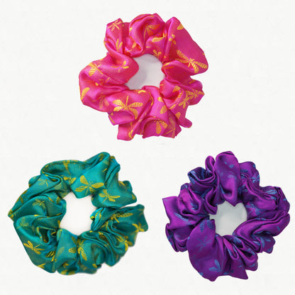 Set of three light dragonflies silk jacquard scrunchies by Silk & Bears