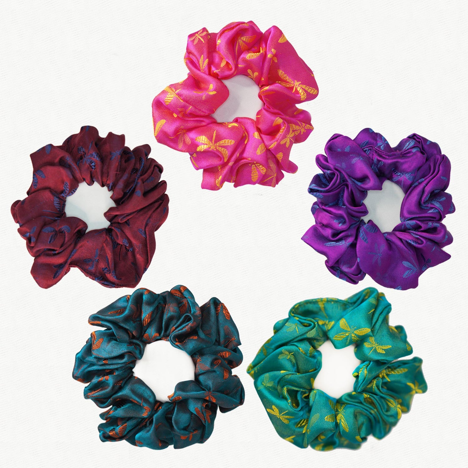 Set of five dragonflies silk jacquard scrunchies by Silk & Bears