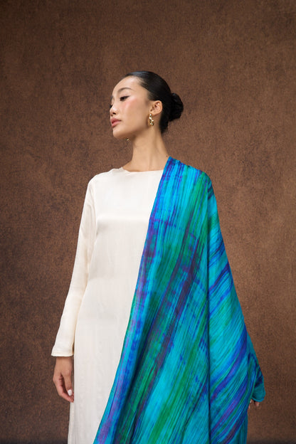 Stripe Peacock Blue Silk Habotai Scarf