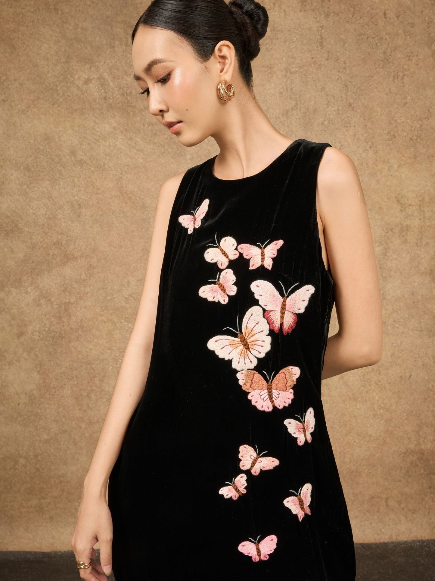 Hand-Embroidered Black Butterfly Silk Velvet Evening Dress