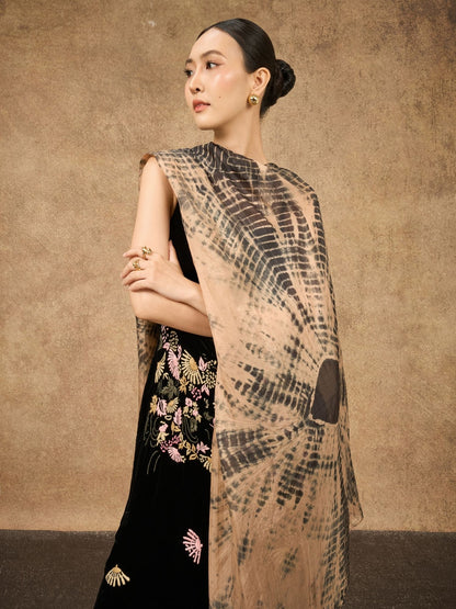 Copper & Black Shibori Silk Scarf – Hand-Dyed Mulberry Silk, Autumn Evening & Theatre Wrap
