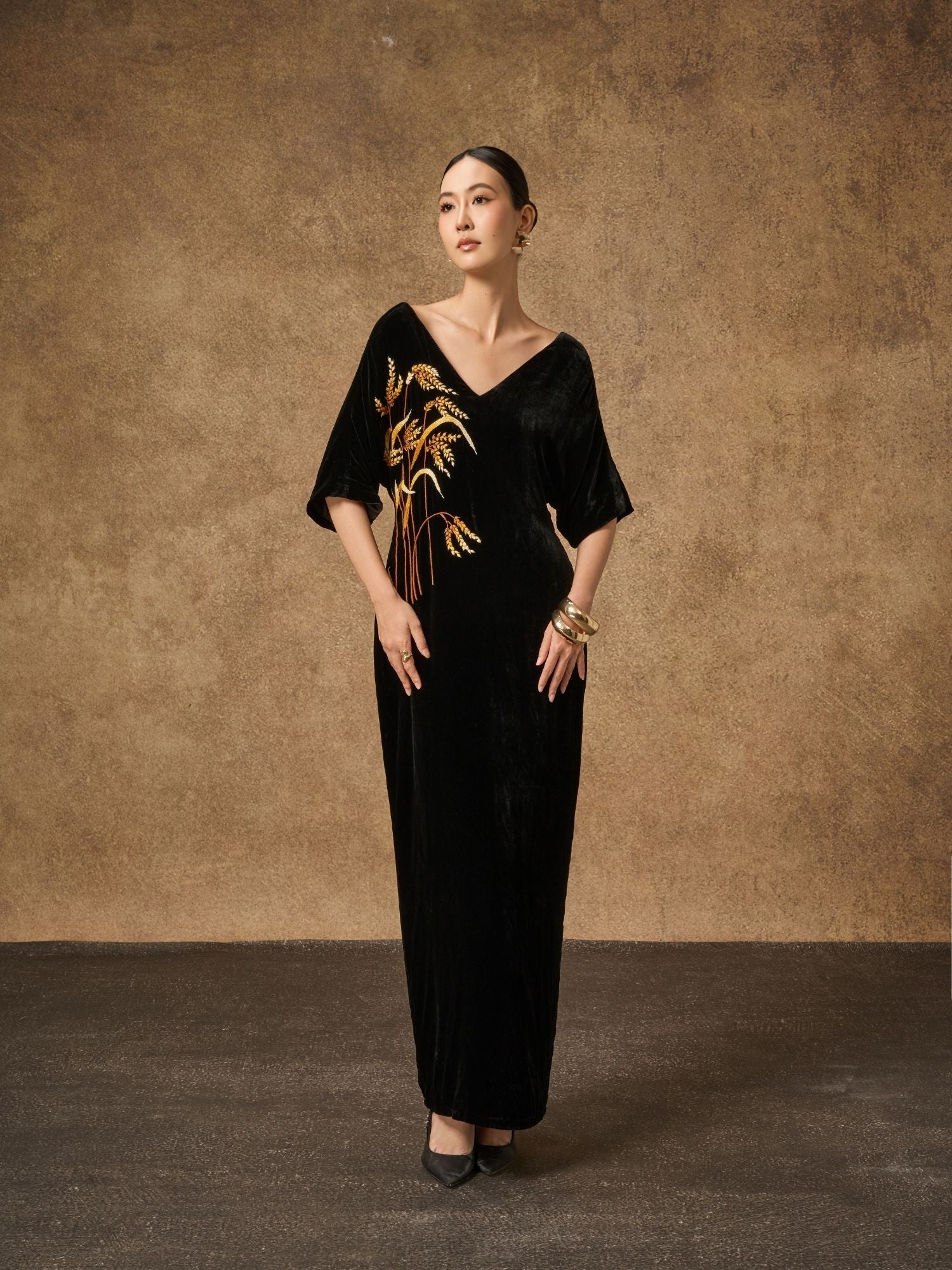 Black & Gold Hand-Embroidered Silk Velvet Dress