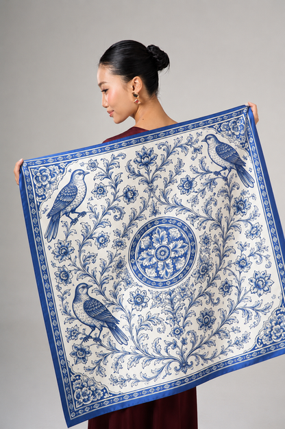 Blue Chinoiserie Birds Silk Twill Scarf – Printed Mulberry Silk, Hand-Rolled Hem