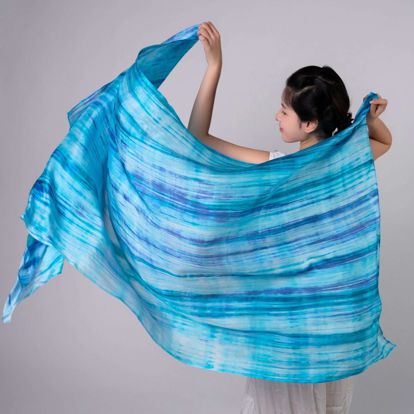 Sky blue brushstroke hand-dyed mulberry silk scarf by Silk & Bears