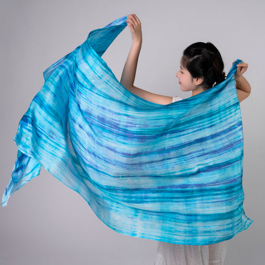 Stripe Light Sky Blue Silk Habotai Scarf- Hand Dyed Luxury from Vietnam