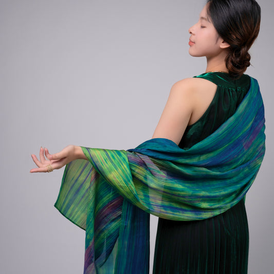 Emerald Brushstroke Silk Scarf – Hand-Dyed Mulberry Silk Shawl, Lightweight Elegant Wrap