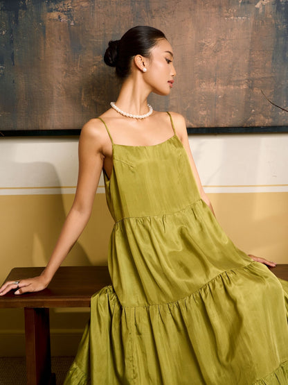 Valentina Olive Gold 100% Habotai Silk Tiered Maxi Dress