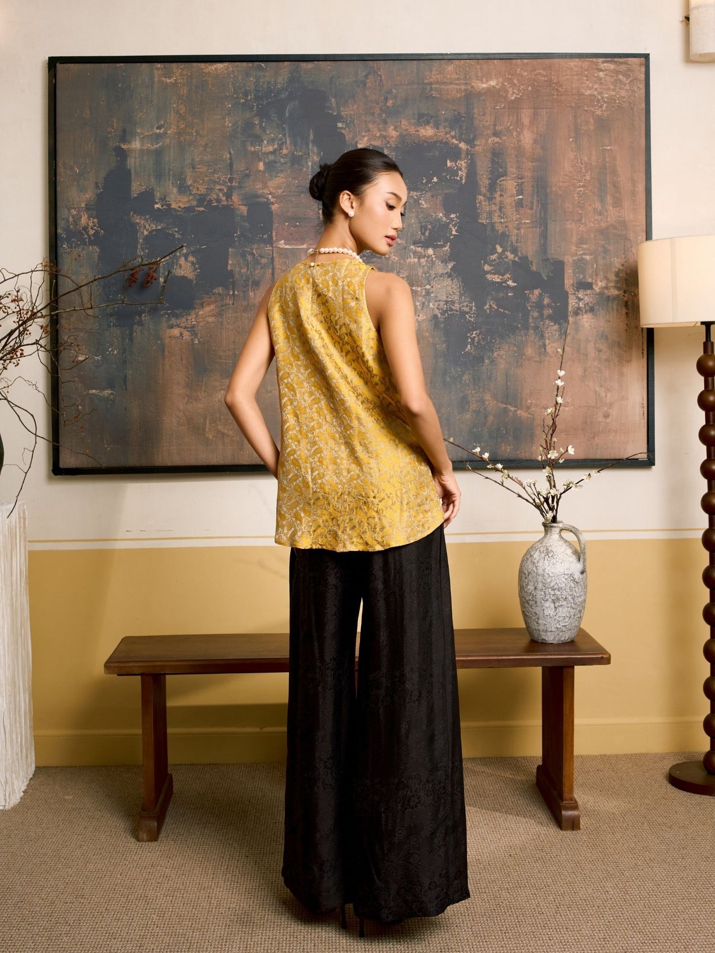 Ophelia Golden Eclipse Draped Silk Shell Top