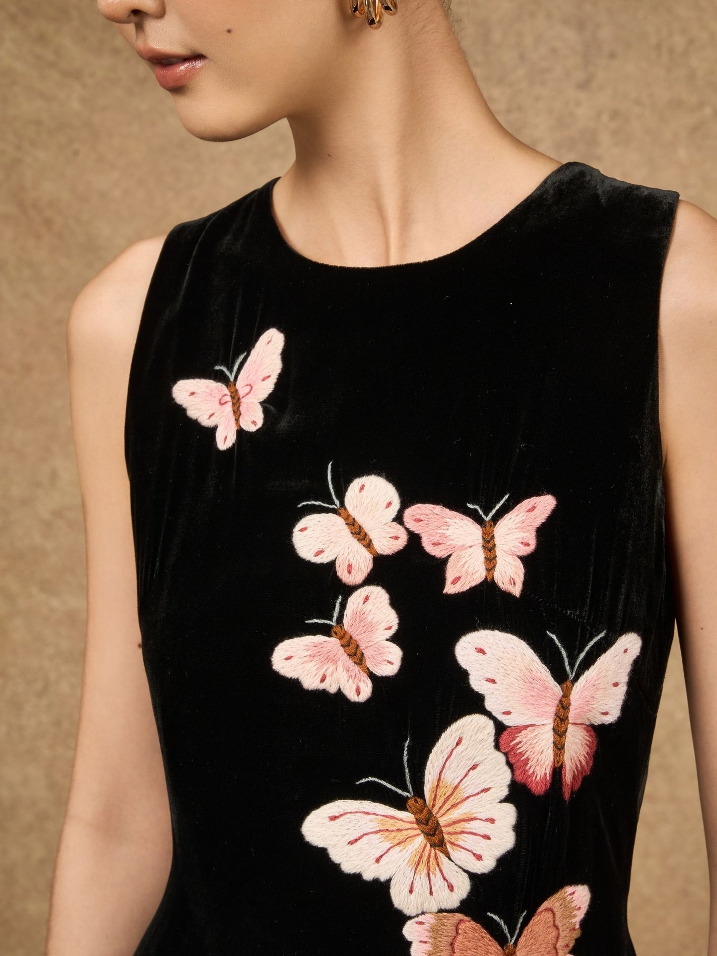 Hand-Embroidered Black Butterfly Silk Velvet Evening Dress