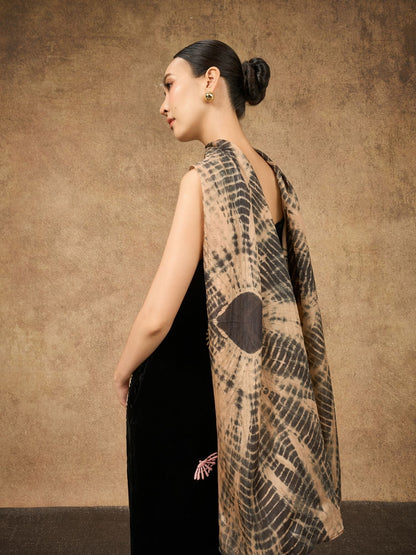 Copper & Black Shibori Silk Scarf – Hand-Dyed Mulberry Silk, Autumn Evening & Theatre Wrap