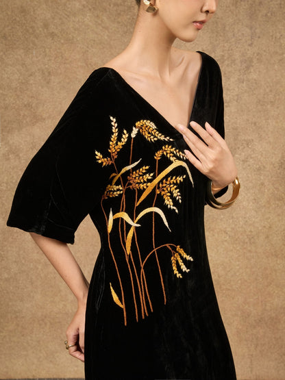 Hand-Embroidered Black & Gold Silk Velvet Sleeve Dress