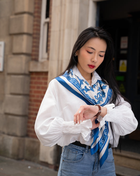 Blue Chinoiserie Birds Twill Silk Scarf – 100% Mulberry Silk- Inspired by Owen Jones’ Grammar of Chinese Ornament