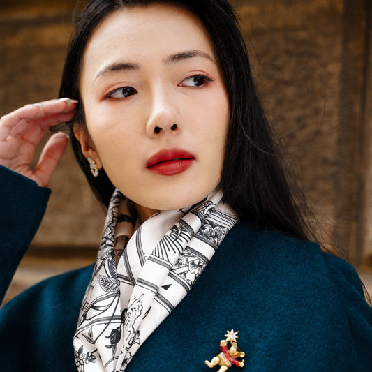 Elegant Monochrome Nautical Twill Silk Scarf – 100% Mulberry Silk, Hand-Finished, Timeless and Sophisticated