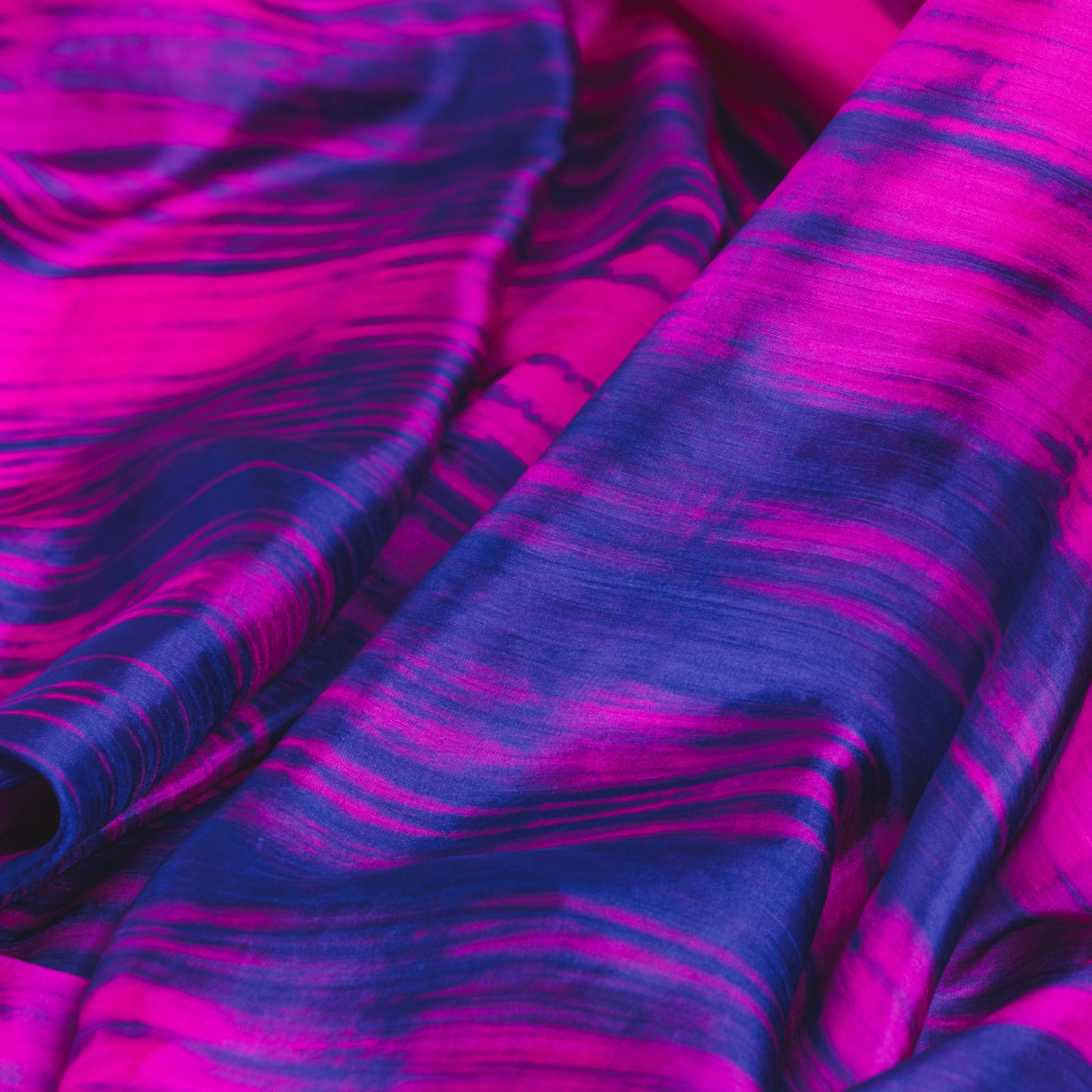 Fuchsia and blue brushstroke silk scarf worn as a flowing shawl, hand-dyed mulberry silk