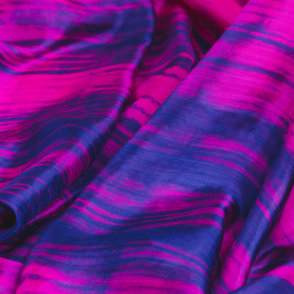 Fuchsia and blue brushstroke silk scarf worn as a flowing shawl, hand-dyed mulberry silk