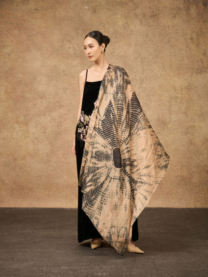 Copper & Black Shibori Silk Scarf – Hand-Dyed Mulberry Silk, Autumn Evening & Theatre Wrap