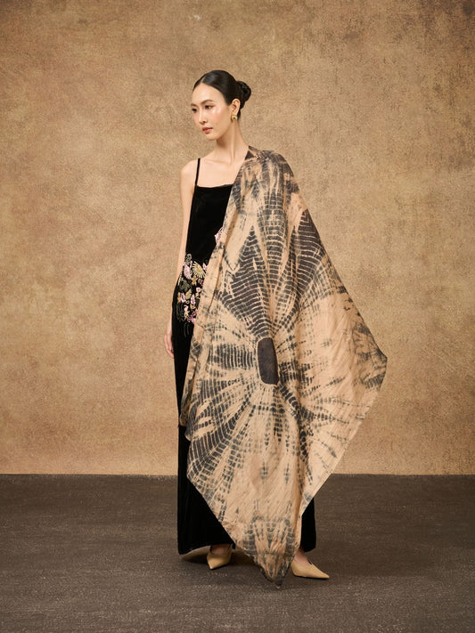 Copper & Black Shibori Silk Scarf – Hand-Dyed Mulberry Silk, Autumn Evening & Theatre Wrap