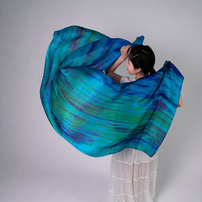 Stripe Peacock Blue Silk Habotai Scarf