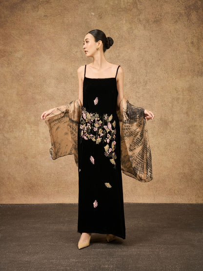 Copper & Black Shibori Silk Scarf – Hand-Dyed Mulberry Silk, Autumn Evening & Theatre Wrap