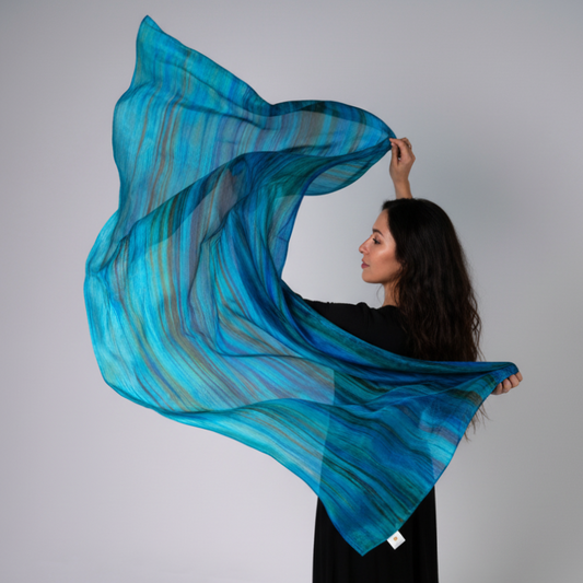 Blue & Emerald Brushstroke Silk Scarf – Hand-Dyed 100% Mulberry Silk Wrap | Luxury Lightweight Shawl