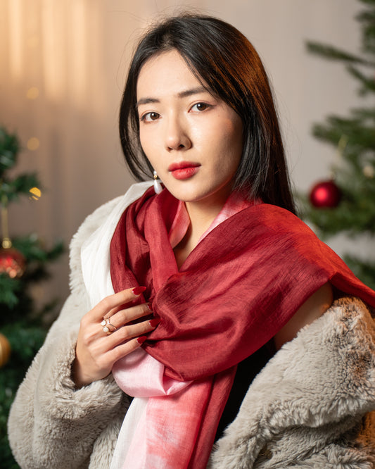 Luxury Ombre Burgundy Silk Scarf – Hand-Dyed Mulberry Silk Wrap | Elegant Wedding & Evening Shawl