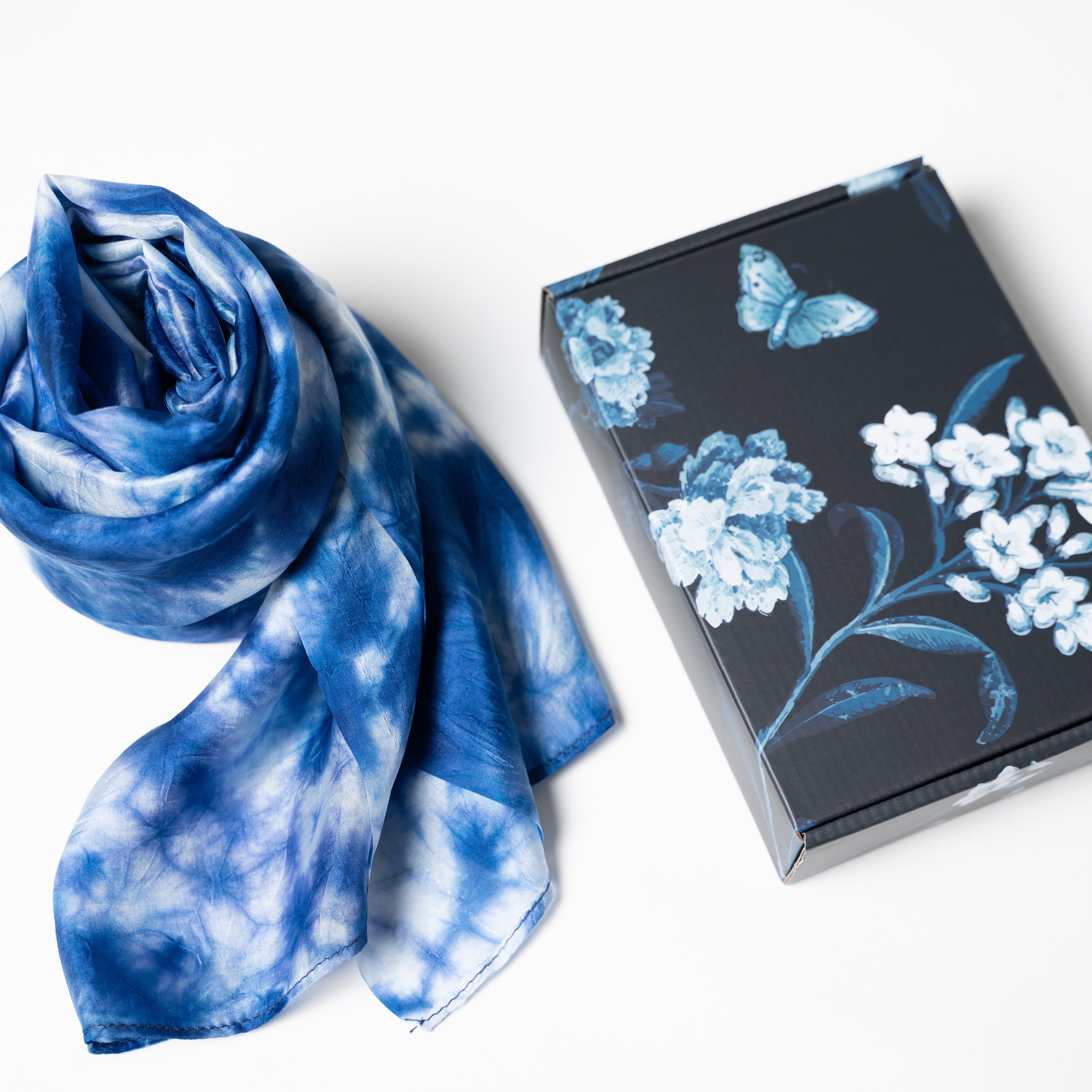 Indigo Blue Shibori Silk Scarf – Hand-Dyed Mulberry Silk Shawl