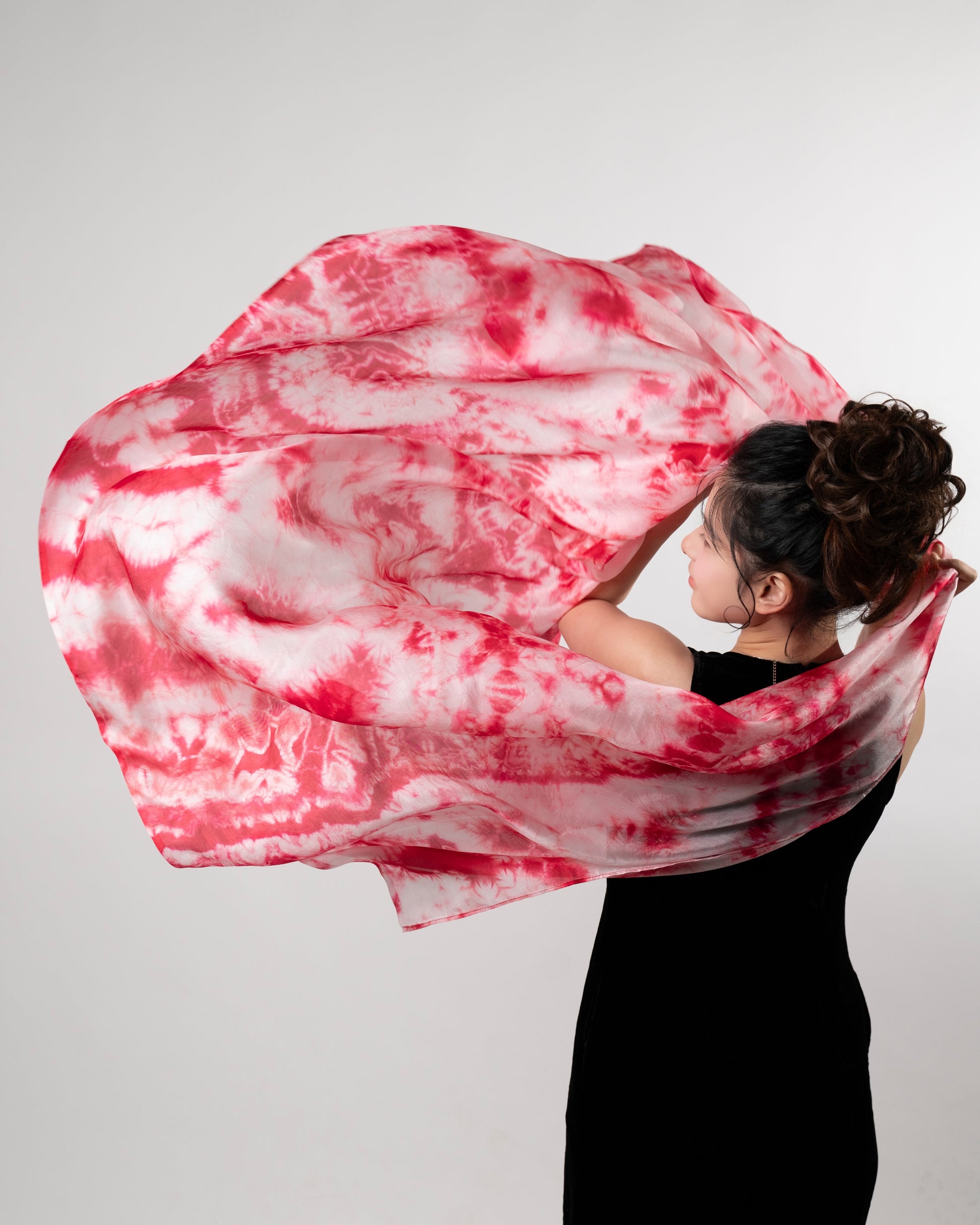 Crimson red shibori hand-dyed mulberry silk scarf by Silk & Bears