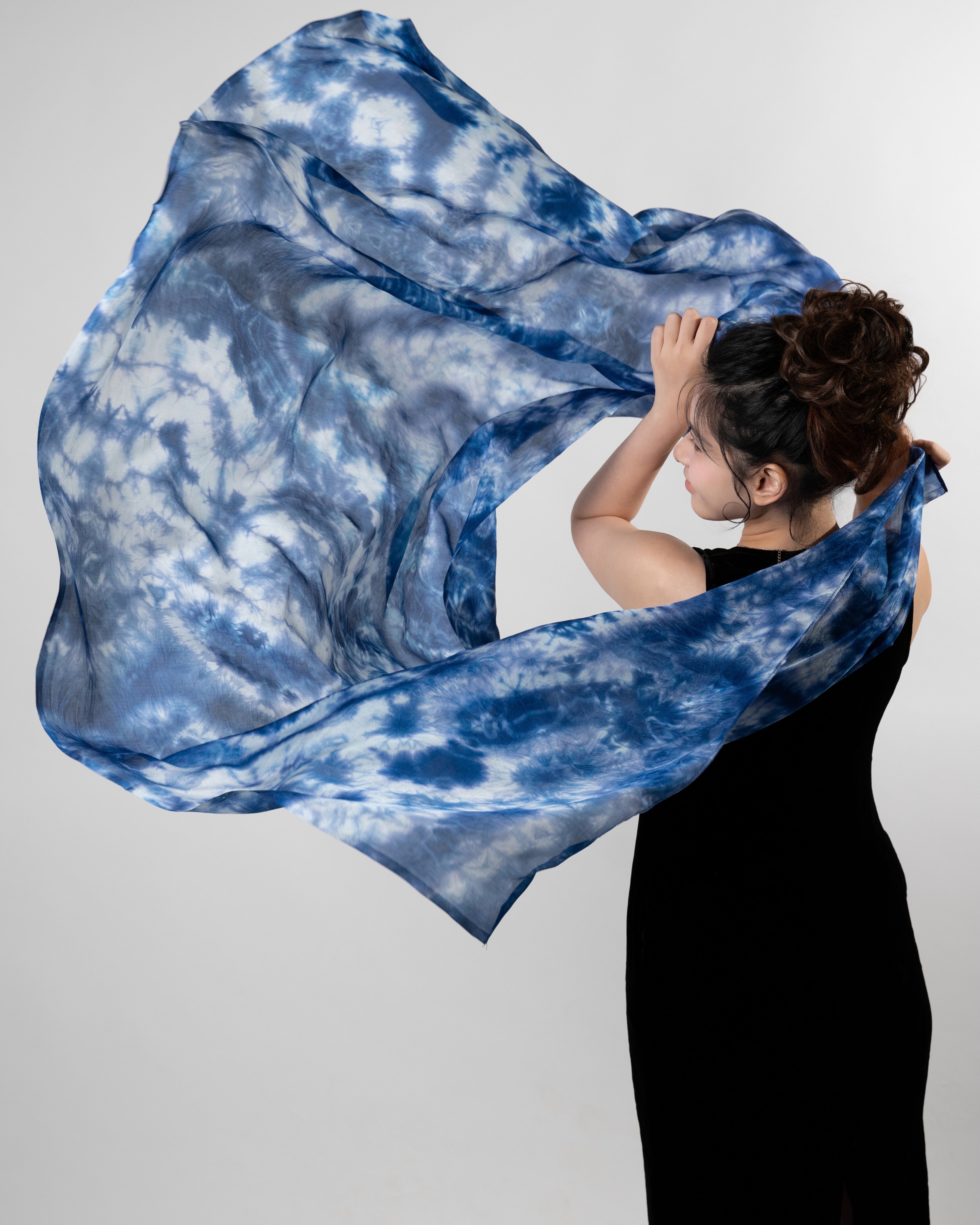 Indigo Blue Shibori Silk Scarf – Hand-Dyed Mulberry Silk Shawl