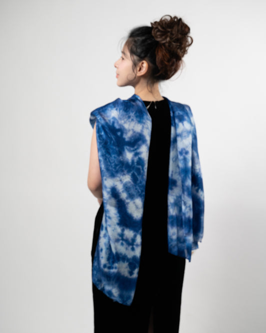 Indigo Blue Shibori Silk Scarf – Hand-Dyed 100% Mulberry Silk Wrap-Luxury Tie-Dye Shawl for Women