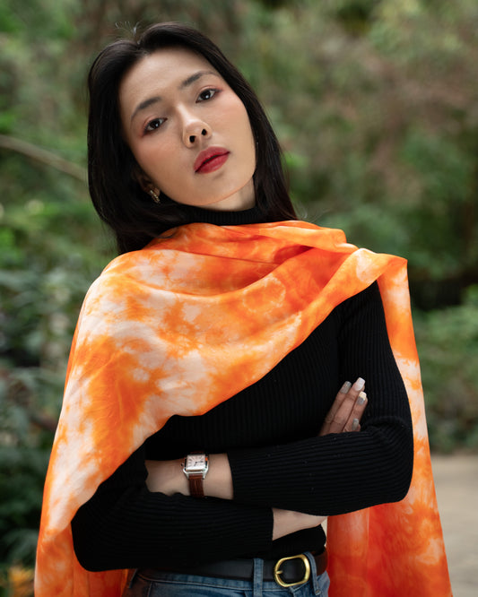 Shibori Orange Silk Scarf – Hand-Dyed 100% Mulberry Silk Wrap - Bright Wedding Shawl & Luxury Gift for Women