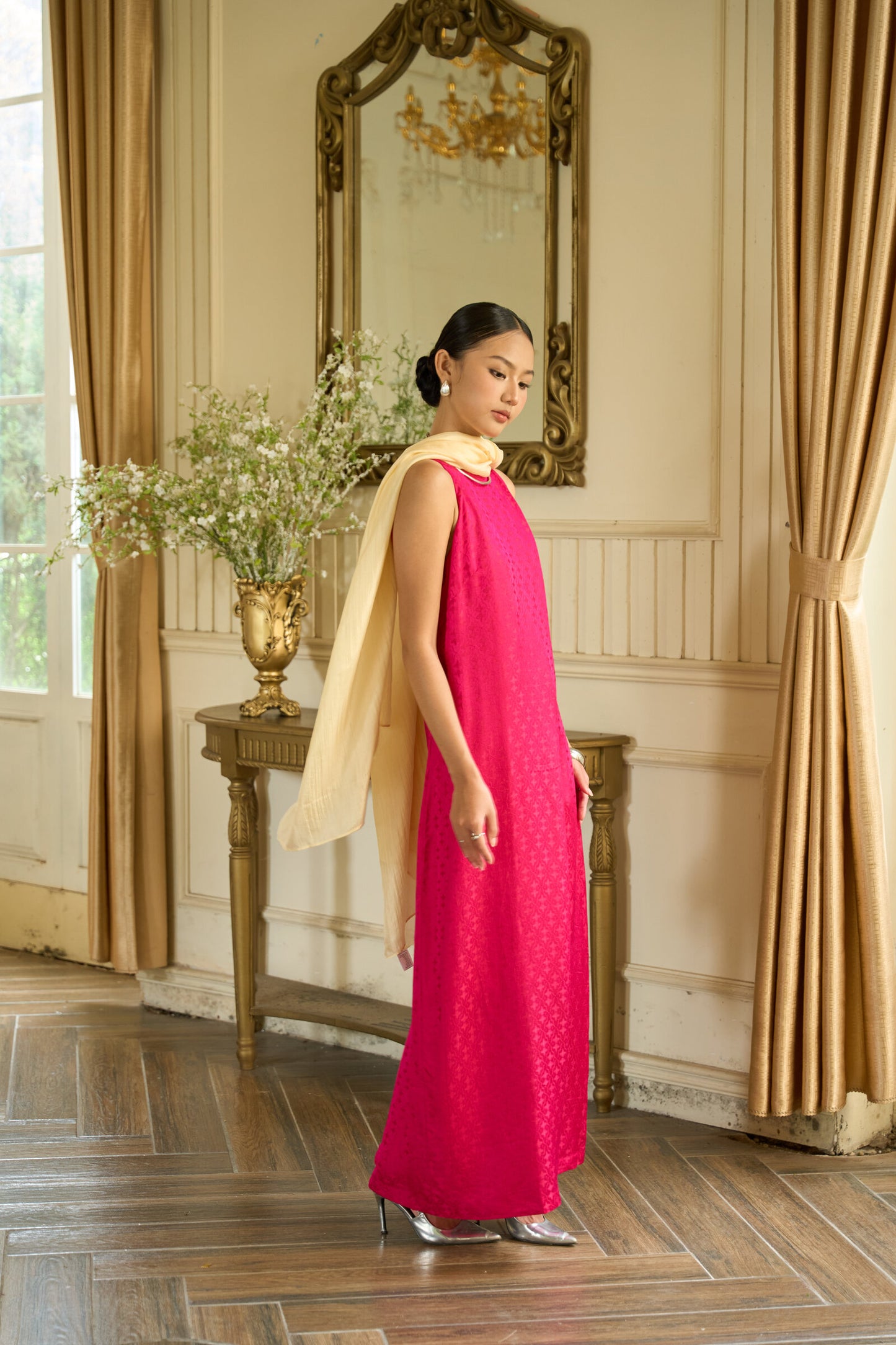 Aurora Fuchsia Damask Hand-Dyed Silk Jacquard Maxi Dress
