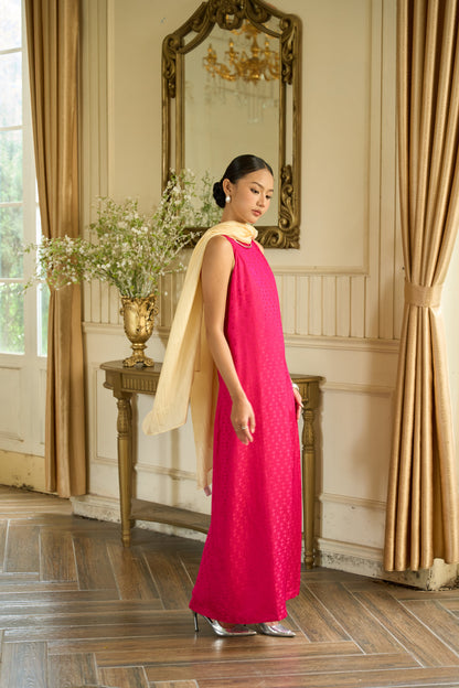 Aurora Fuchsia Damask Hand-Dyed Silk Jacquard Maxi Dress