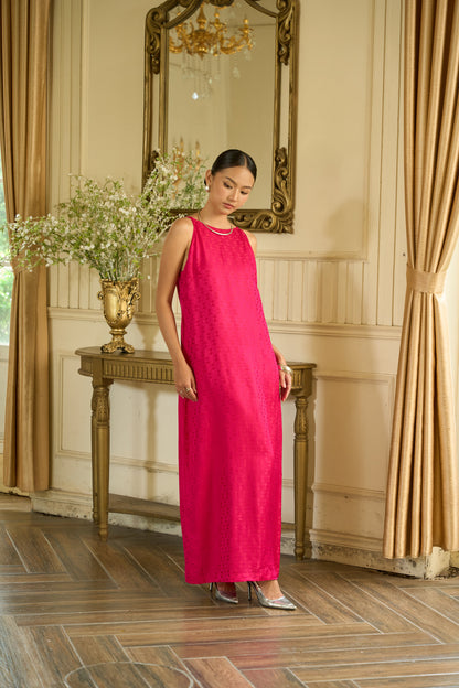 Aurora Fuchsia Damask Hand-Dyed Silk Jacquard Maxi Dress