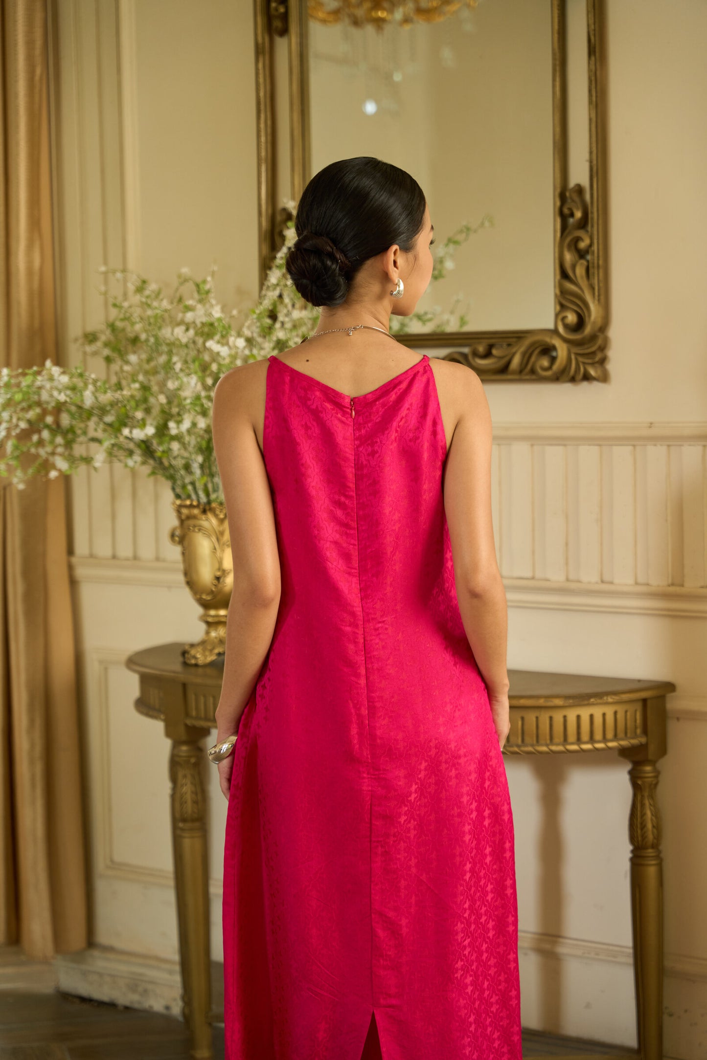 Aurora Fuchsia Damask Hand-Dyed Silk Jacquard Maxi Dress