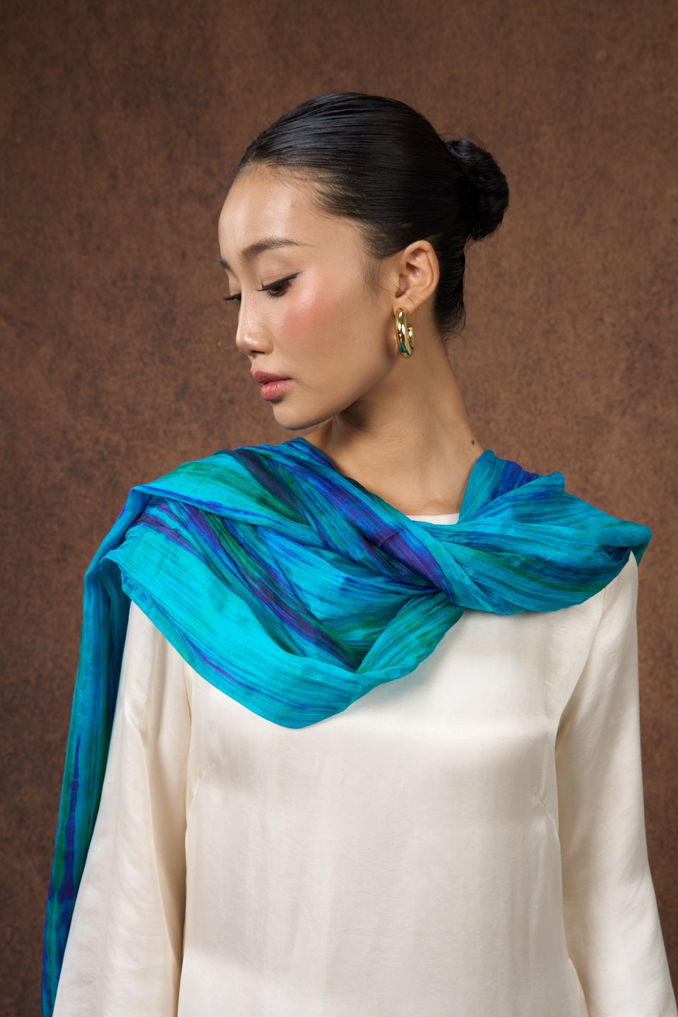 Stripe Peacock Blue Silk Habotai Scarf