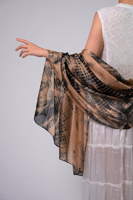 Marbled Copper and Black Silk Habotai Scarf – Elegant, Soft, and Stylish