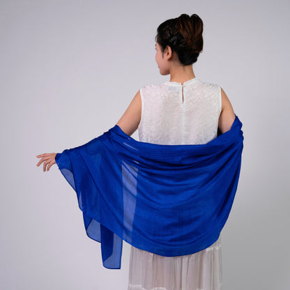 Detail of the royal blue silk scarf, hand-dyed on mulberry silk