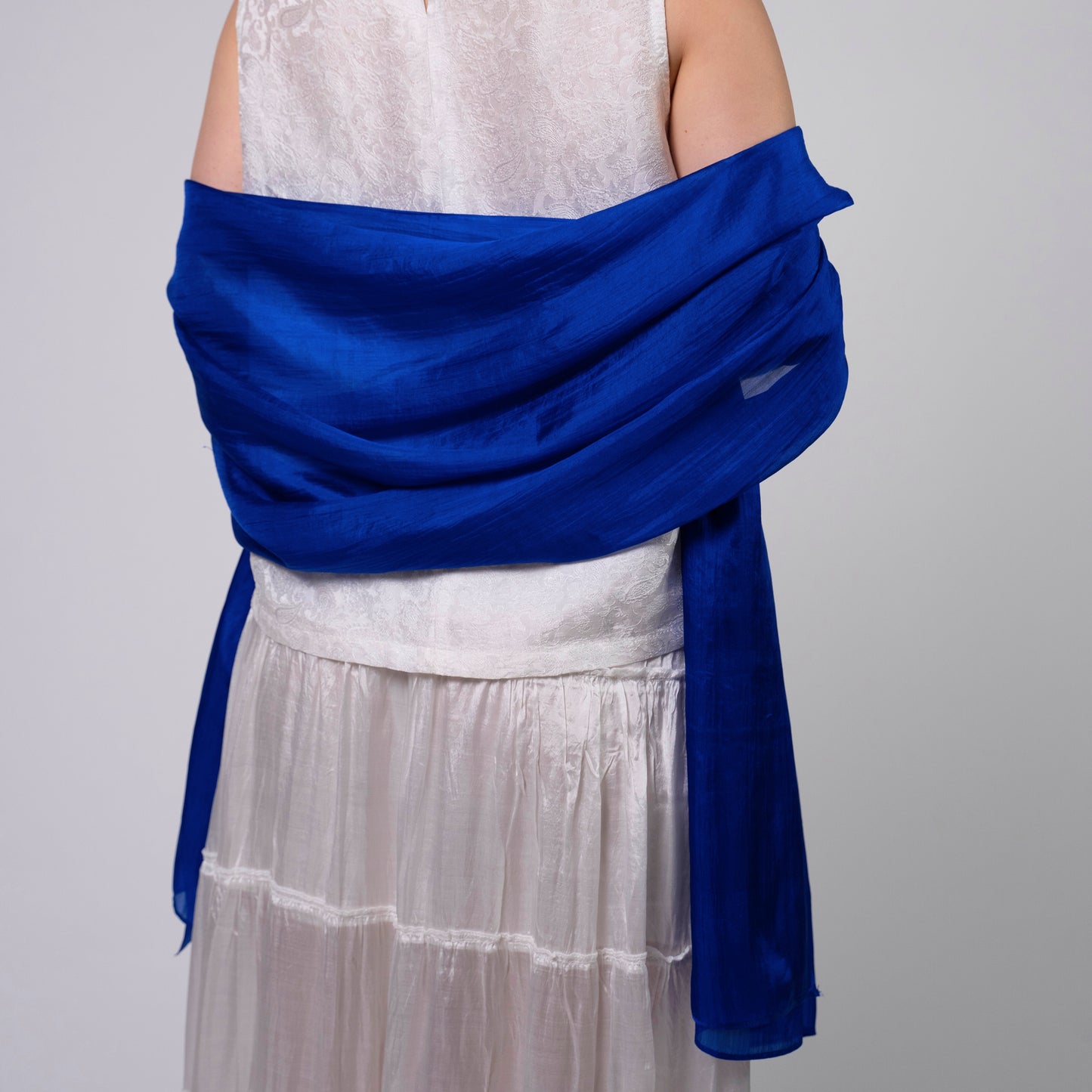 Royal blue hand-dyed mulberry silk scarf styled flat, a luxury silk gift