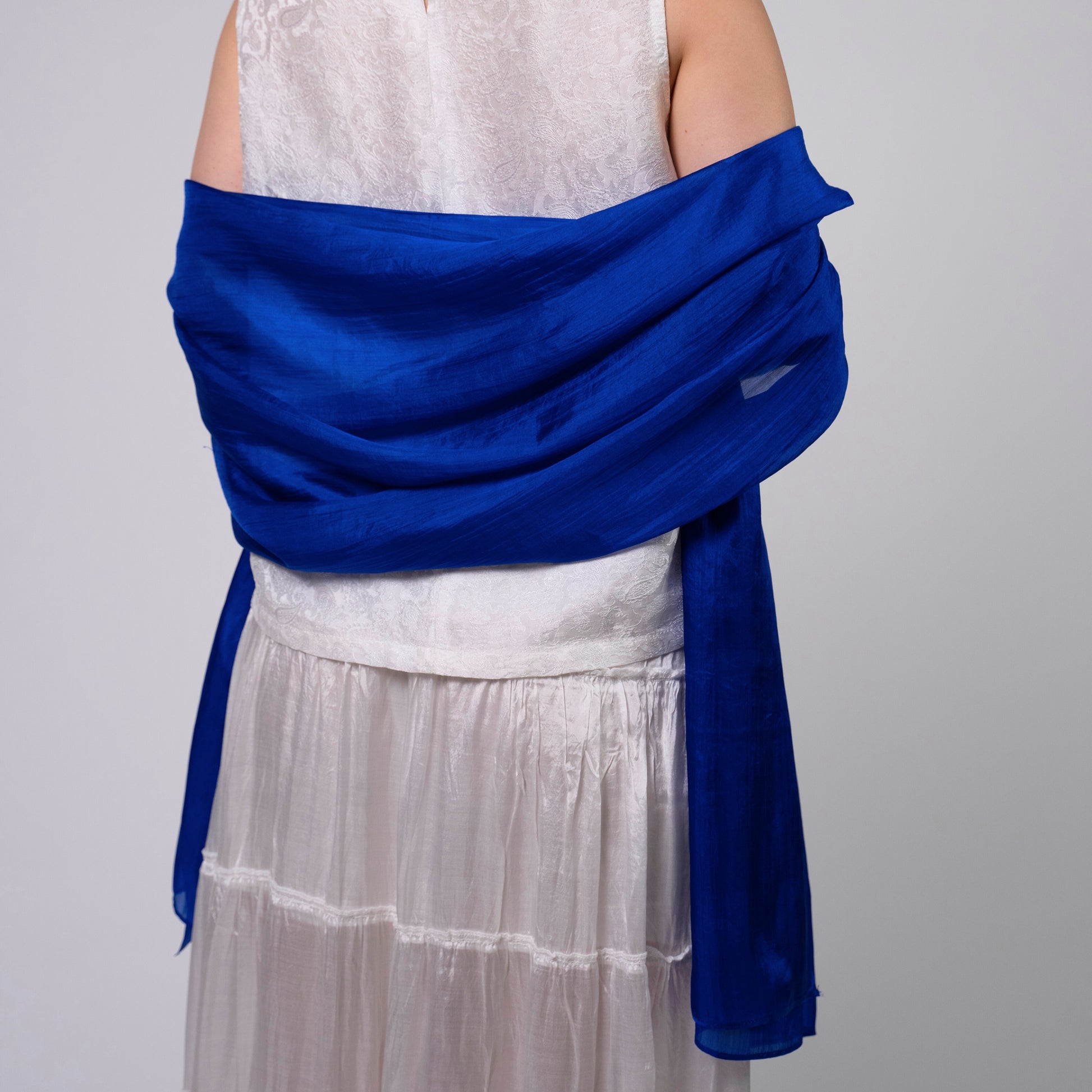 Royal blue hand-dyed mulberry silk scarf styled flat, a luxury silk gift