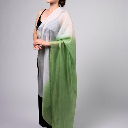 Hand-Dyed Mulberry Silk Scarf – Green & White Ombre | Lightweight Sheer Shawl | Luxury Gift for Women