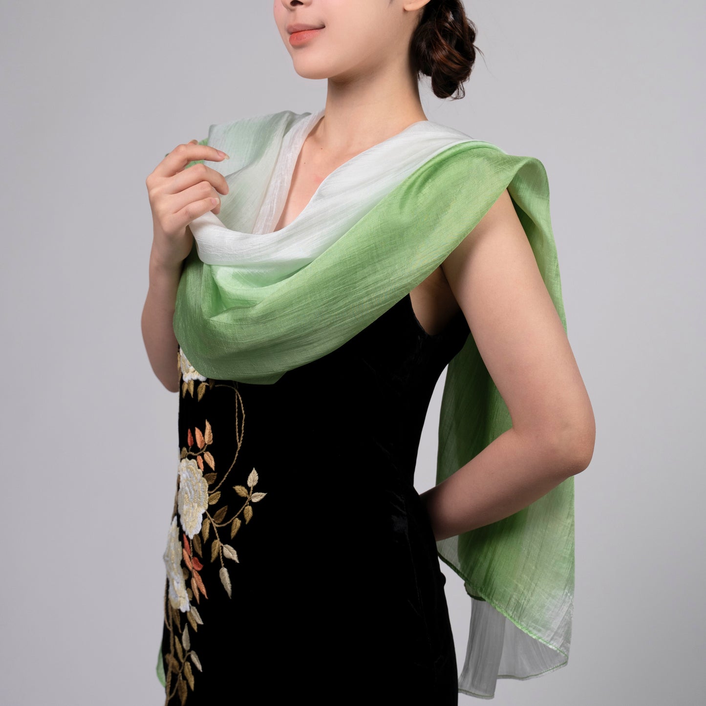 Hand-Dyed Mulberry Silk Scarf – Green & White Ombre | Lightweight Sheer Shawl | Luxury Gift for Women