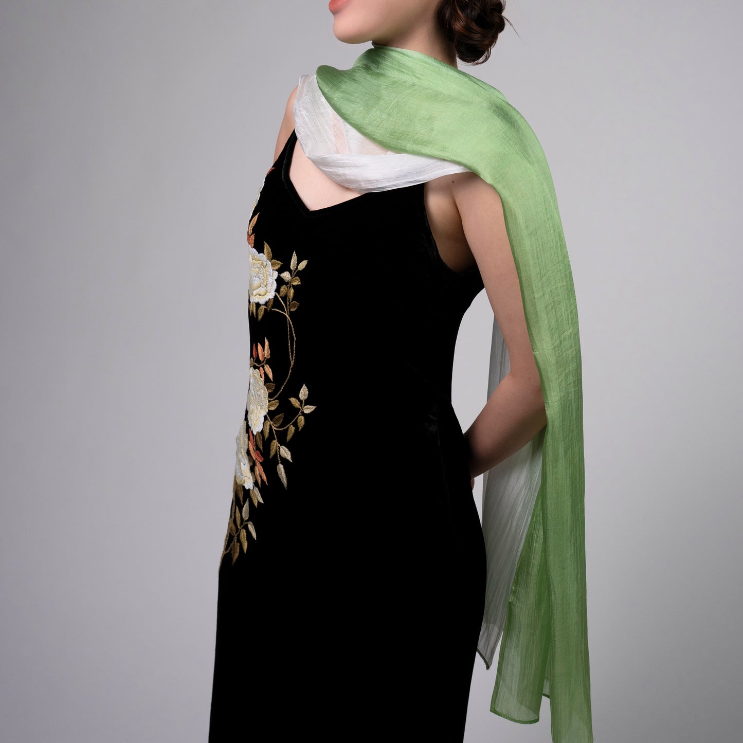 Hand-Dyed Mulberry Silk Scarf – Green & White Ombre | Lightweight Sheer Shawl | Luxury Gift for Women