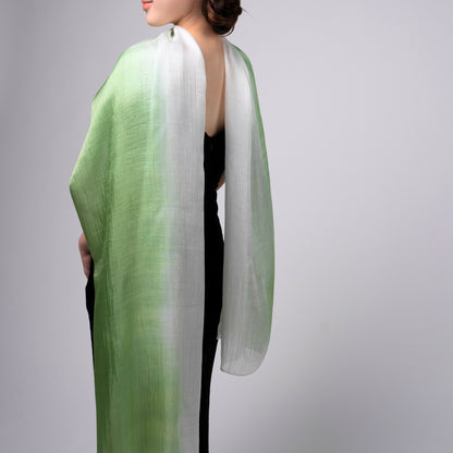 Hand-Dyed Mulberry Silk Scarf – Green & White Ombre | Lightweight Sheer Shawl | Luxury Gift for Women