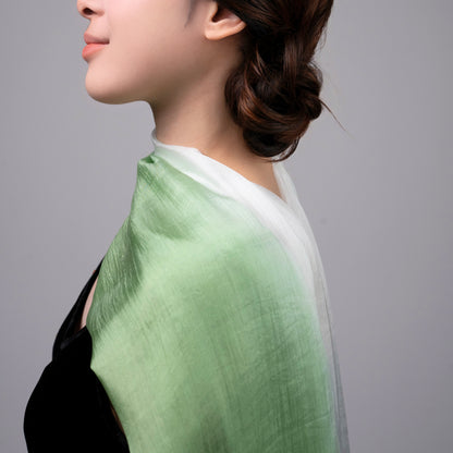 Hand-Dyed Mulberry Silk Scarf – Green & White Ombre | Lightweight Sheer Shawl | Luxury Gift for Women