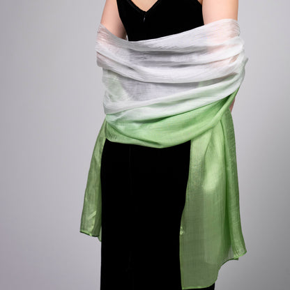 Hand-Dyed Mulberry Silk Scarf – Green & White Ombre | Lightweight Sheer Shawl | Luxury Gift for Women