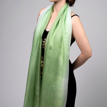 Hand-Dyed Mulberry Silk Scarf – Green & White Ombre | Lightweight Sheer Shawl | Luxury Gift for Women