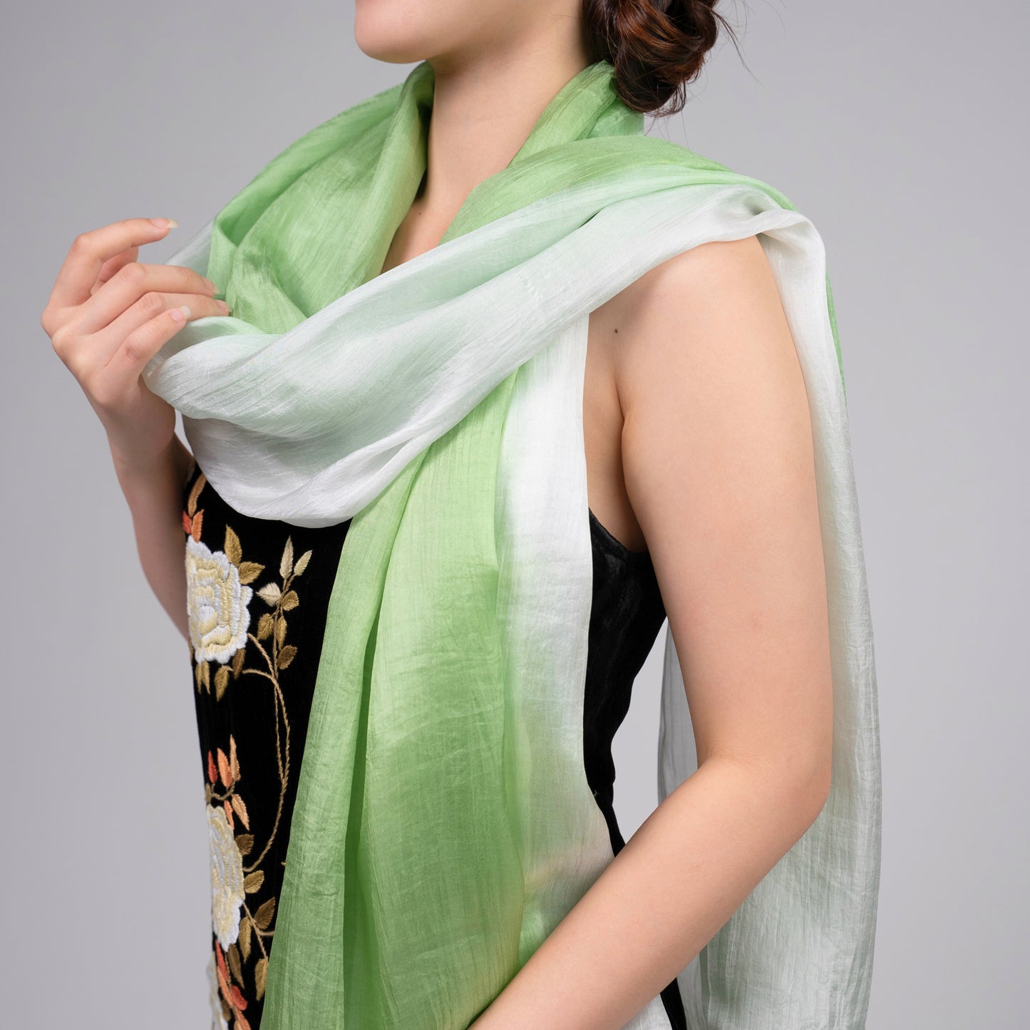 Hand-Dyed Mulberry Silk Scarf – Green & White Ombre | Lightweight Sheer Shawl | Luxury Gift for Women