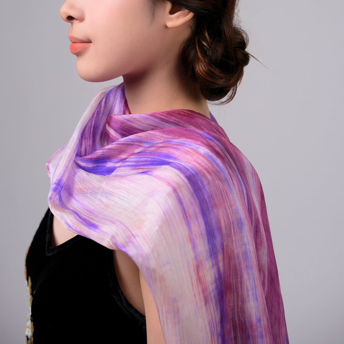 Purple and pink brushstroke hand-dyed mulberry silk scarf by Silk & Bears, made in Vietnam